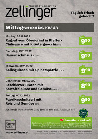 Der wöchentliche MENÜPLAN KW48