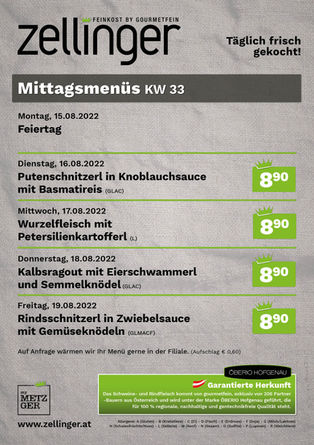 Der wöchentliche MENÜPLAN KW33