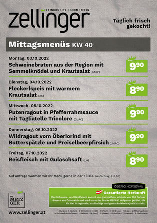 Der wöchentliche MENÜPLAN KW40