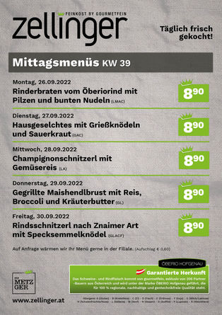 Der wöchentliche MENÜPLAN KW39