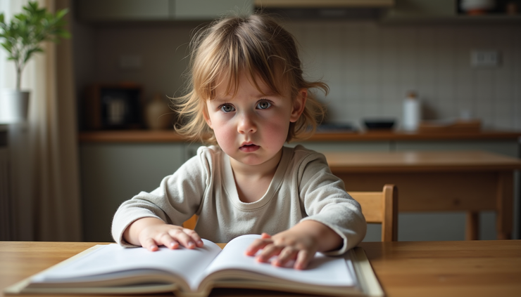 Eye-level view of a child struggling with reading a book at a kitchen table