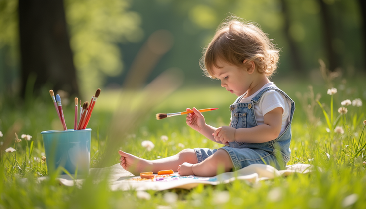 Eye-level view of a child painting outdoors on a sunny day