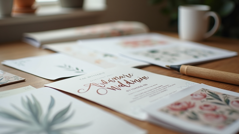 Eye-level view of a designer's workspace with wedding invitation samples and design tools