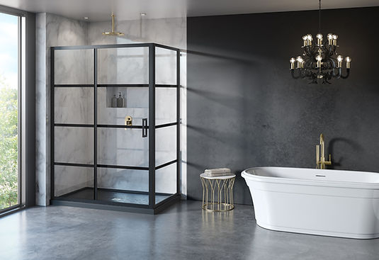 A furbished bathroom with a glass shower room and hanging ceiling lights