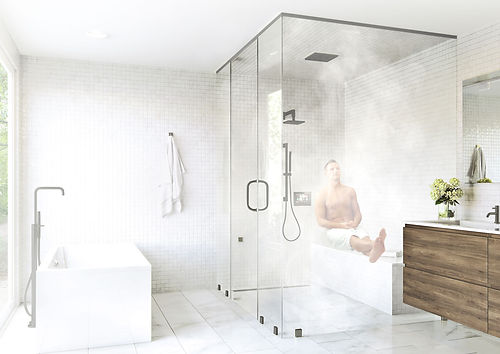A man wrapped in a towel enjoying a steam shower with a glass door