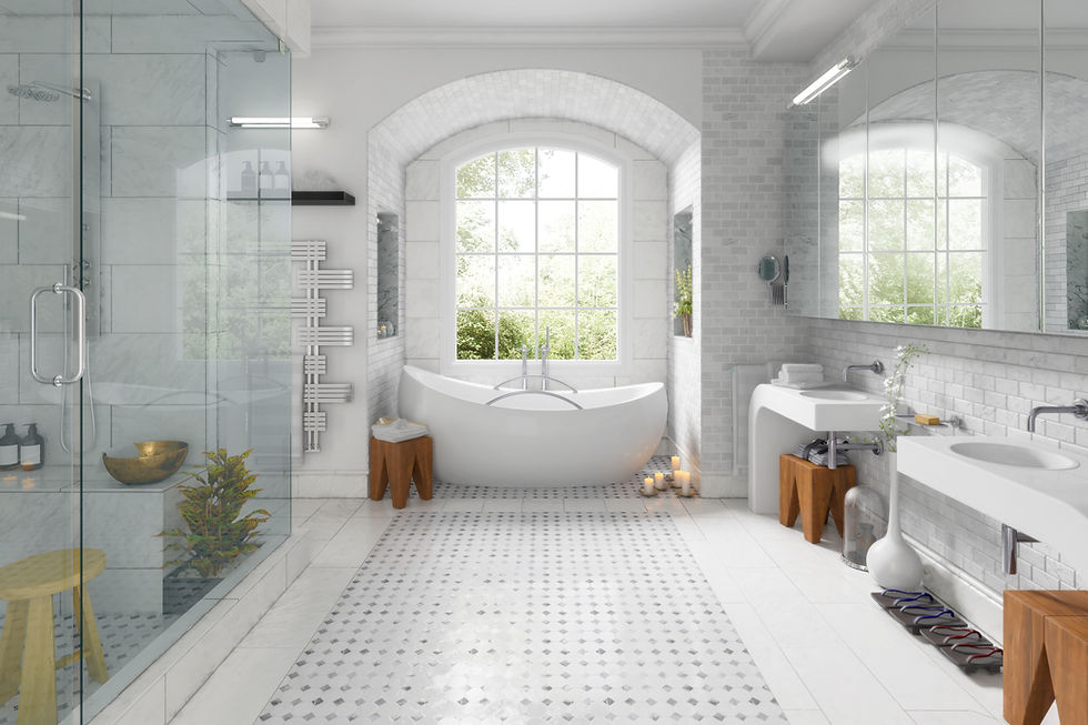 Une salle de bain en carrelage blanc avec une douche en verre