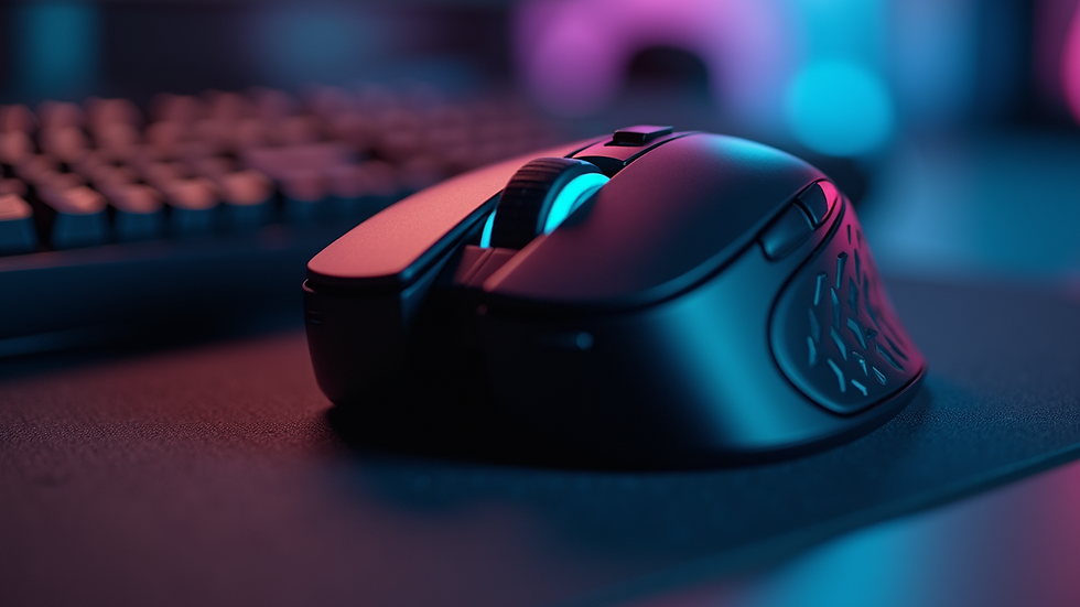 Close-up view of a gaming mouse and keyboard on a desk