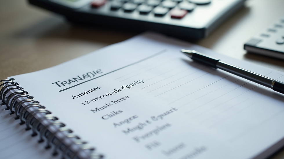 Close-up view of a financial planner notebook with notes and a calculator