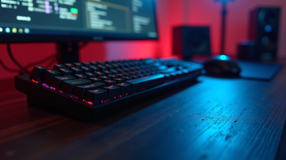Eye-level view of a gaming setup with keyboard and mouse