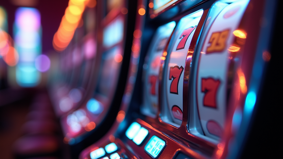 Eye-level view of a colorful slot machine with spinning reels