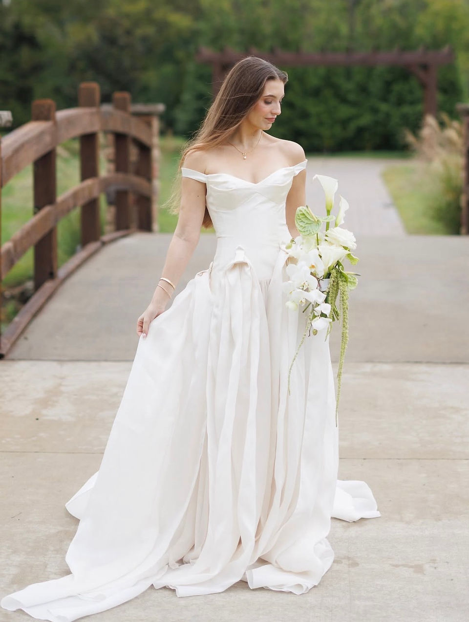 Bridal on bridge at Barn at Sycamore Farms