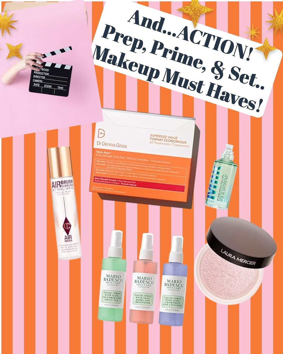 High angle view of a makeup kit and hair products on a hotel vanity