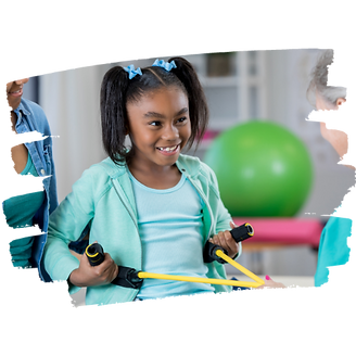 young black tween female with teal shirt and bows in pigtails pulling on physical therapy device