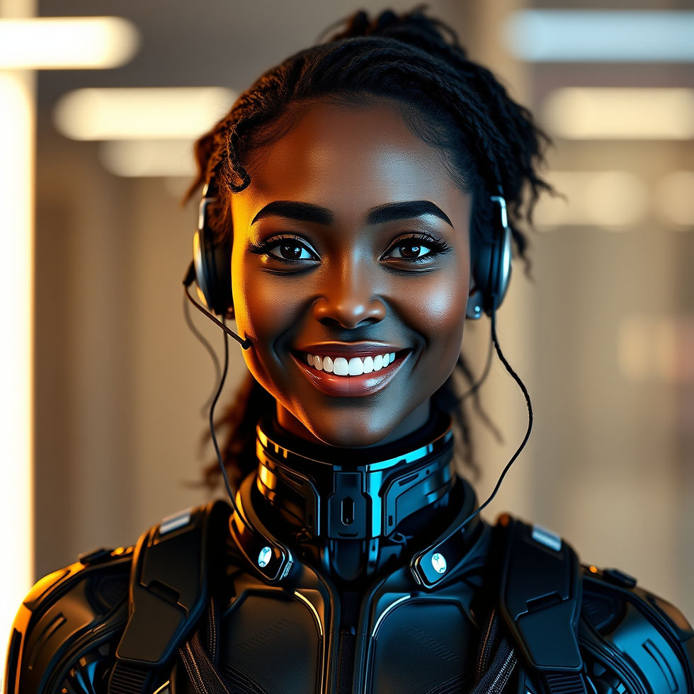 create a human looking person, shoulders up, futuristic clothes, smiling and happy, someon