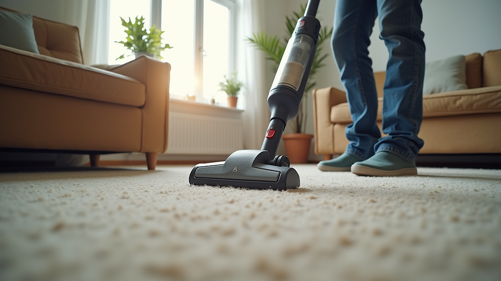 High angle view of professional cleaner vacuuming a carpet in a living room