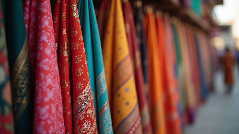 Eye-level view of a colorful display of traditional Indian textiles