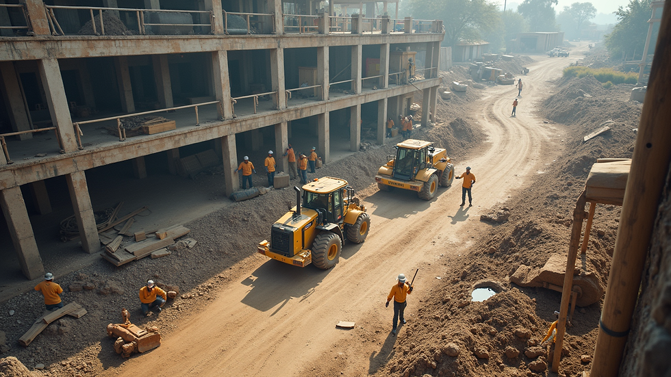 High angle view of construction site with workers and machinery