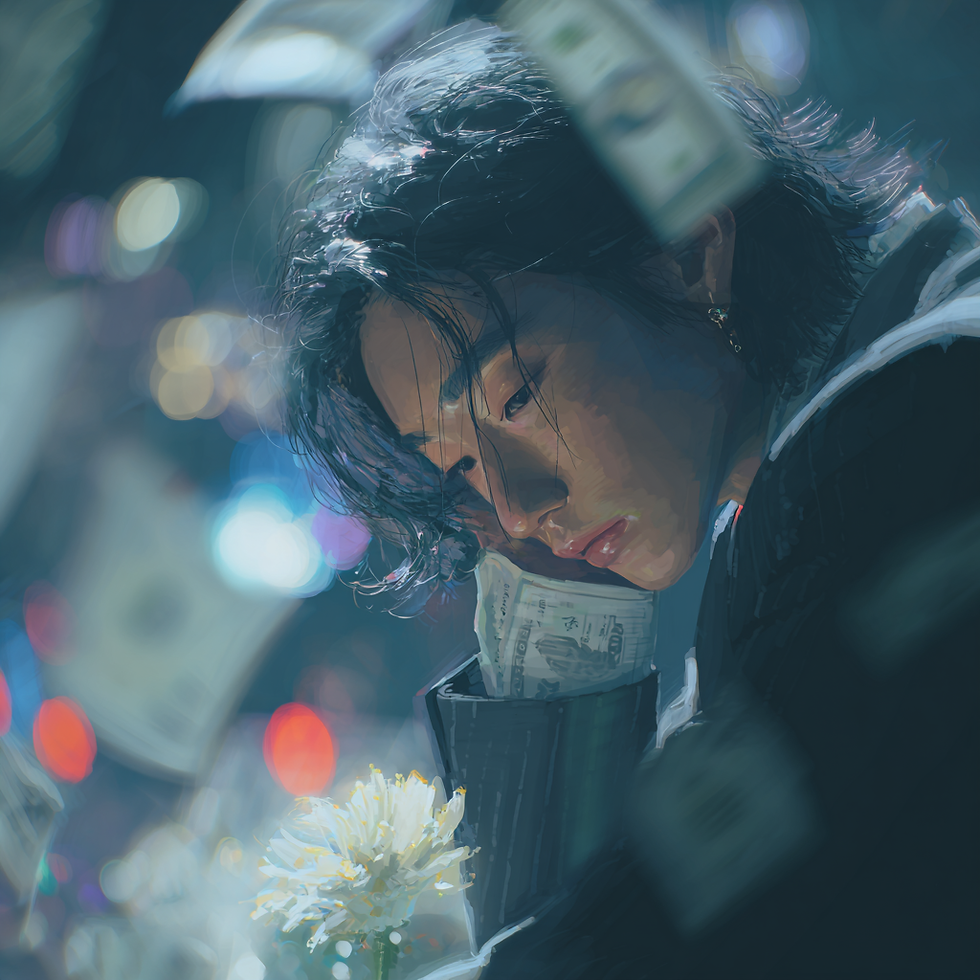 忧郁的年轻人在城市夜景中,身边飘着美元,手握白色花朵。背景灯光模糊,氛围神秘而梦幻。