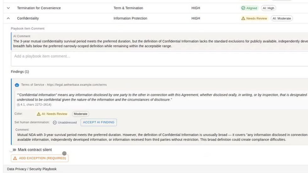 Analysis of software terms including findings citing clauses relating to playbook items