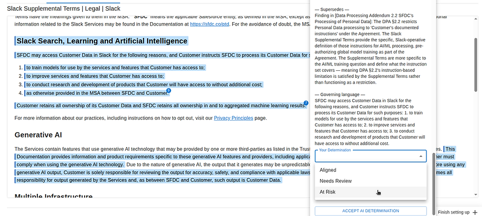 Expanded TermTrax finding showing a quoted clause and source citation from Slack's terms