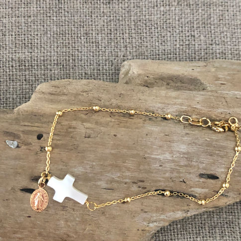 Bracelet plaqué or croix nacre et vierge miraculeuse