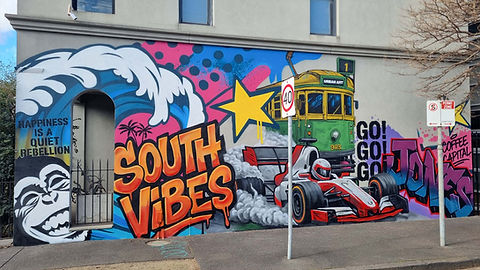 Melbourne street art mural with graffiti lettering and stencil wall art