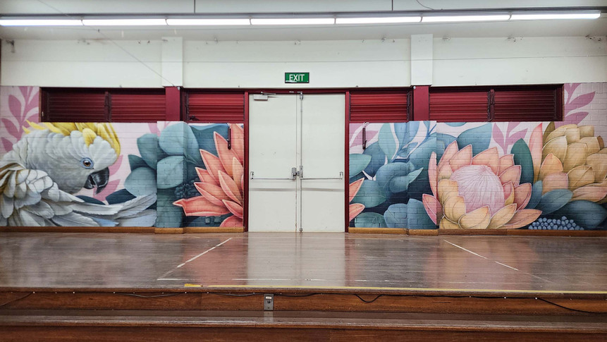 Australian bird mural featuring a white cockatoo and native plants in Springwood