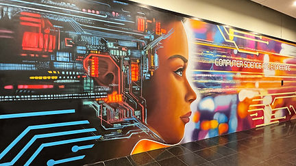Computer science mural at UNSW Kensington created by Sydney graffiti artists, featuring AI-inspired tech design.