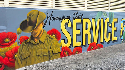 ANZAC art mural with photorealistic digger and red poppies at Miranda RSL Sydney NSW