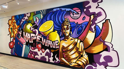 Graffiti art mural with colourful fruit designs in a Sydney retail space
