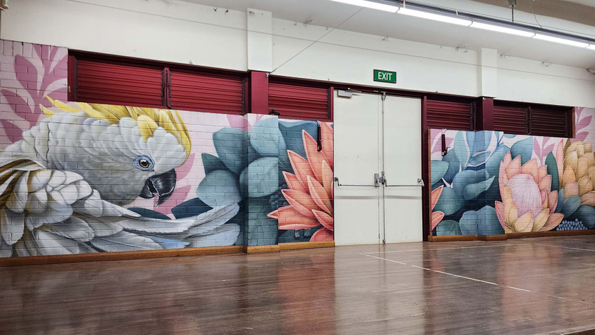 Hand-painted nature mural backdrop for school assemblies in the Blue Mountains