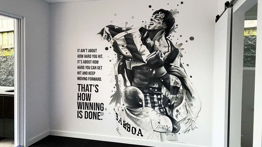 Greyscale Rocky-inspired graffiti mural for a home gym in Sydney