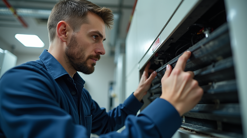 Close-up view of an HVAC technician inspecting a unit