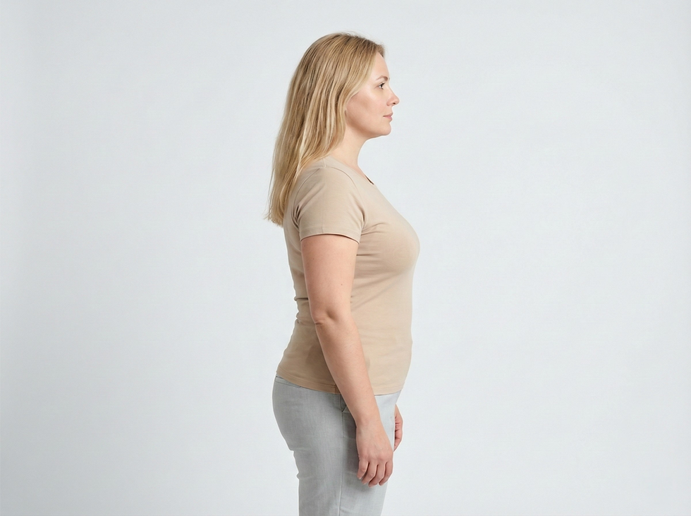 Zijaanzicht van een vrouw die rechtop staat tegen een lichte achtergrond, gebruikt om gewichtsverlies of lichaamsverandering te illustreren.