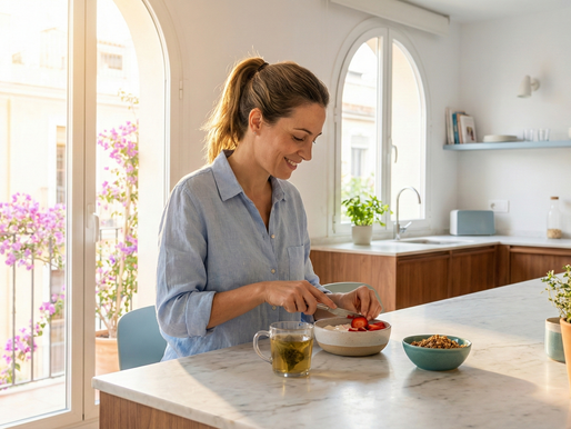 Vrouw zit ontspannen aan een lichte keukentafel in een zonnig Spaans appartement en bereidt een gezond ontbijt. Het zachte ochtendlicht en de mediterrane sfeer benadrukken rust, balans en een gezonde leefstijl.