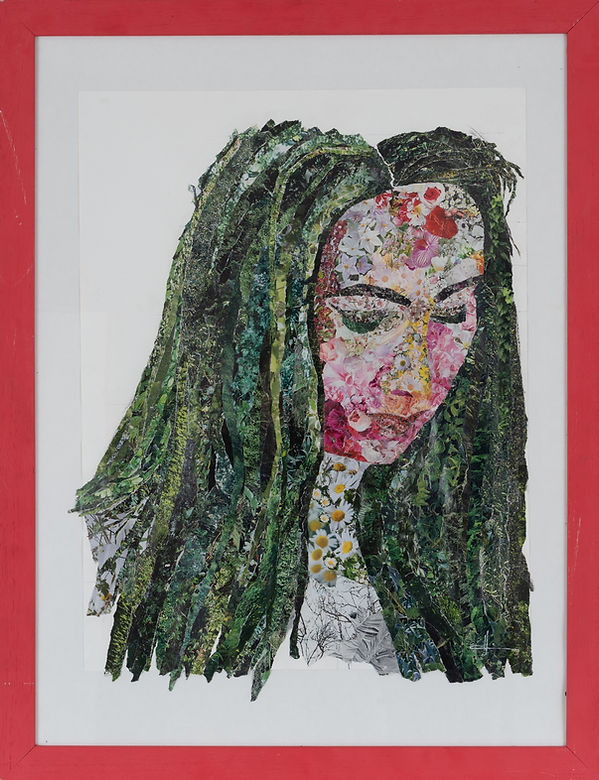 "Ophélie" : portrait de la cadette de l'artiste Charlotte His, colleuse de papiers. premier portrait de l'artiste en collage de fleurs  