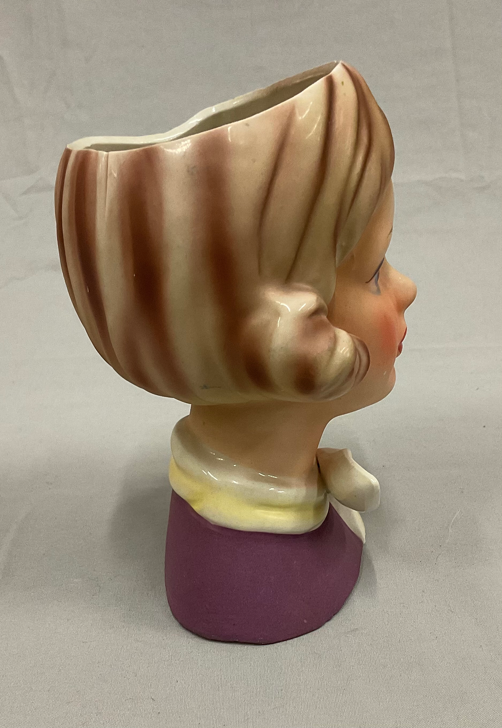 Thumbnail: Unmarked Vintage Lady Head Teen Vase Brunette Stewardess with Scarf 2263