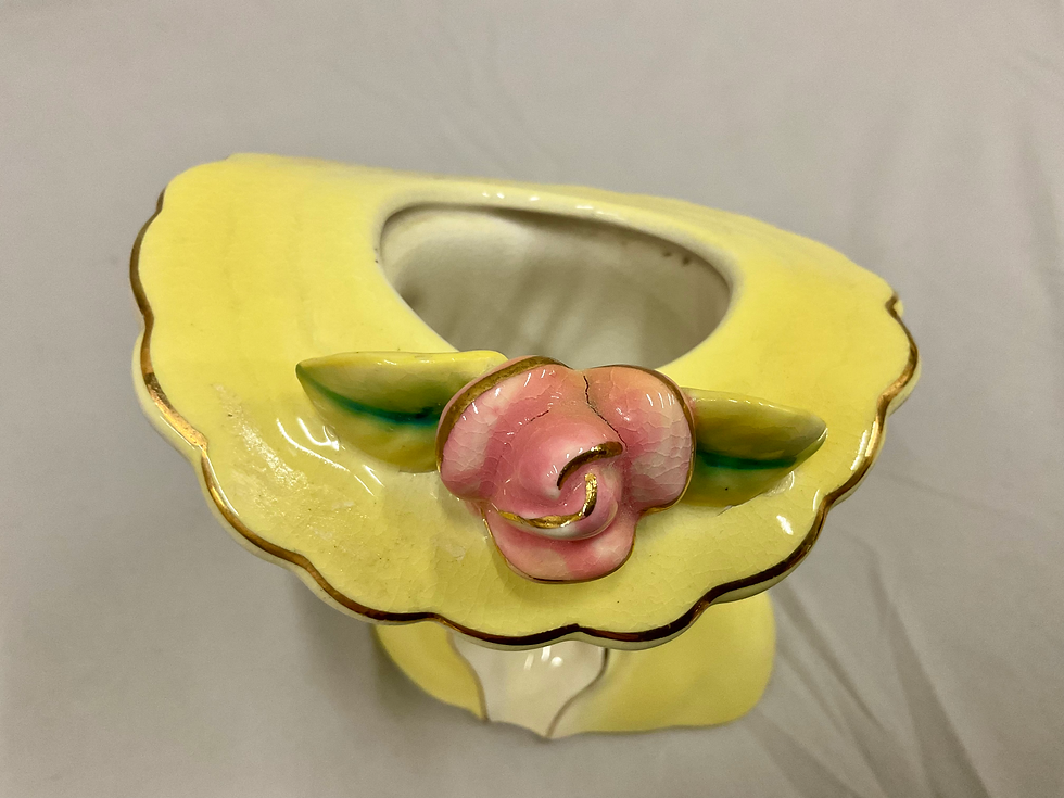 Thumbnail: Thames Japan Vintage Lady Head Vase White Yellow Dress Pink Flower Cut Out Hair