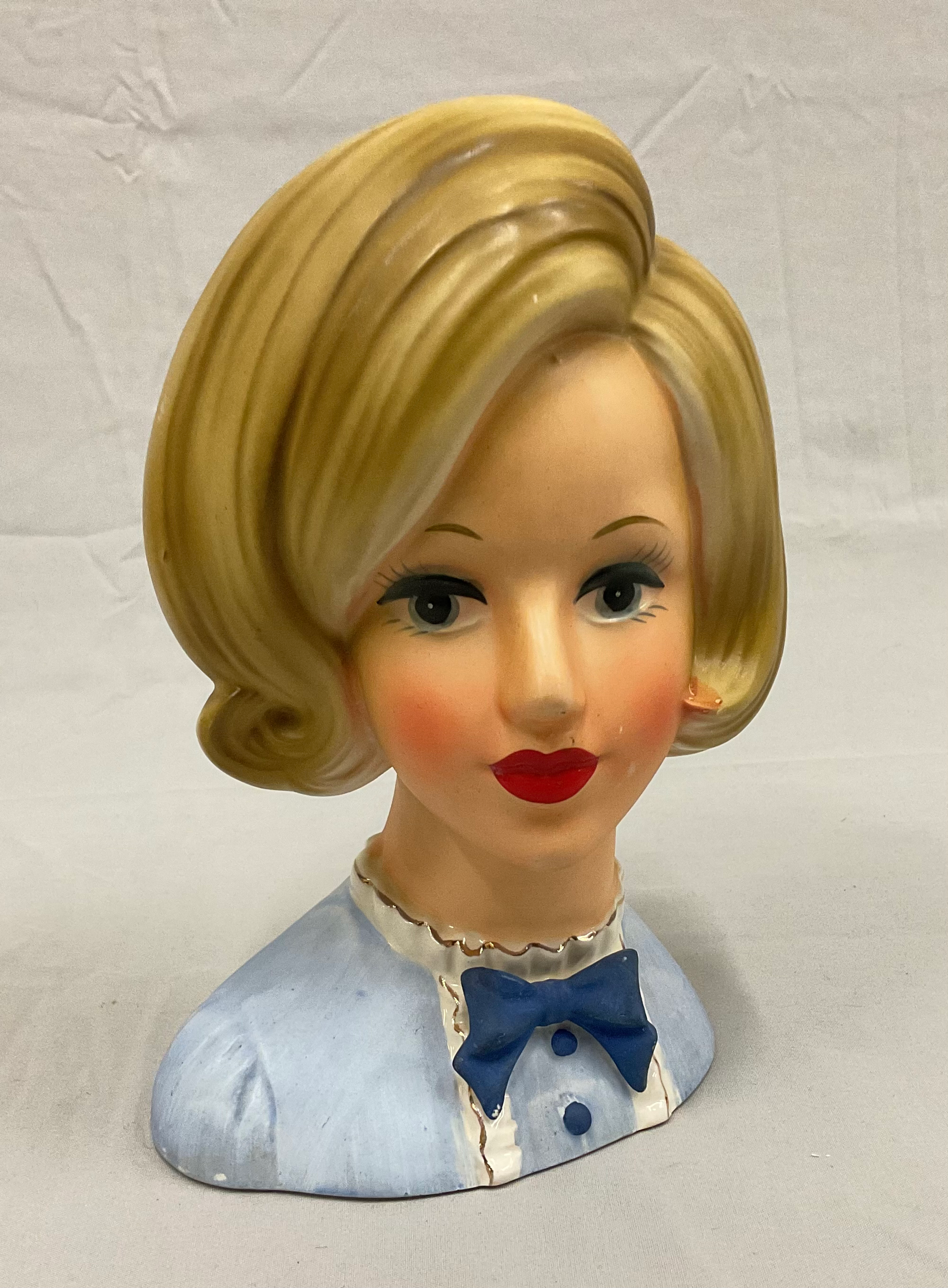 Caffco Vintage Lady Head Vase E3285 Blonde Blue Top Bow
