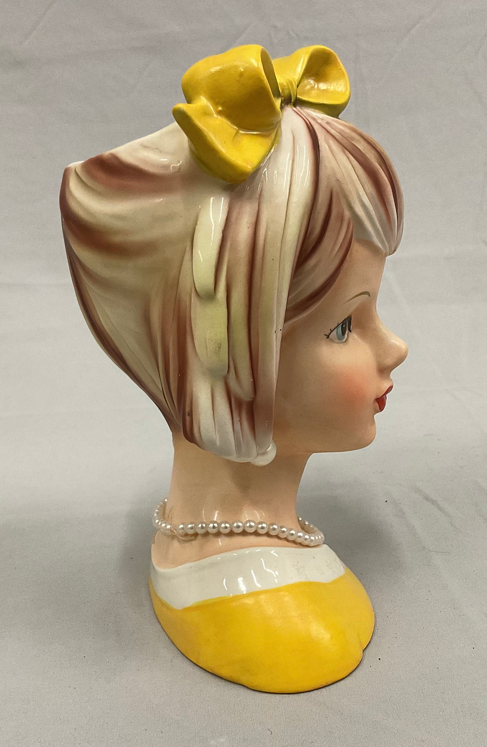 Thumbnail: Relpo Vintage Lady Head Vase Brunette Yellow Dress 1980