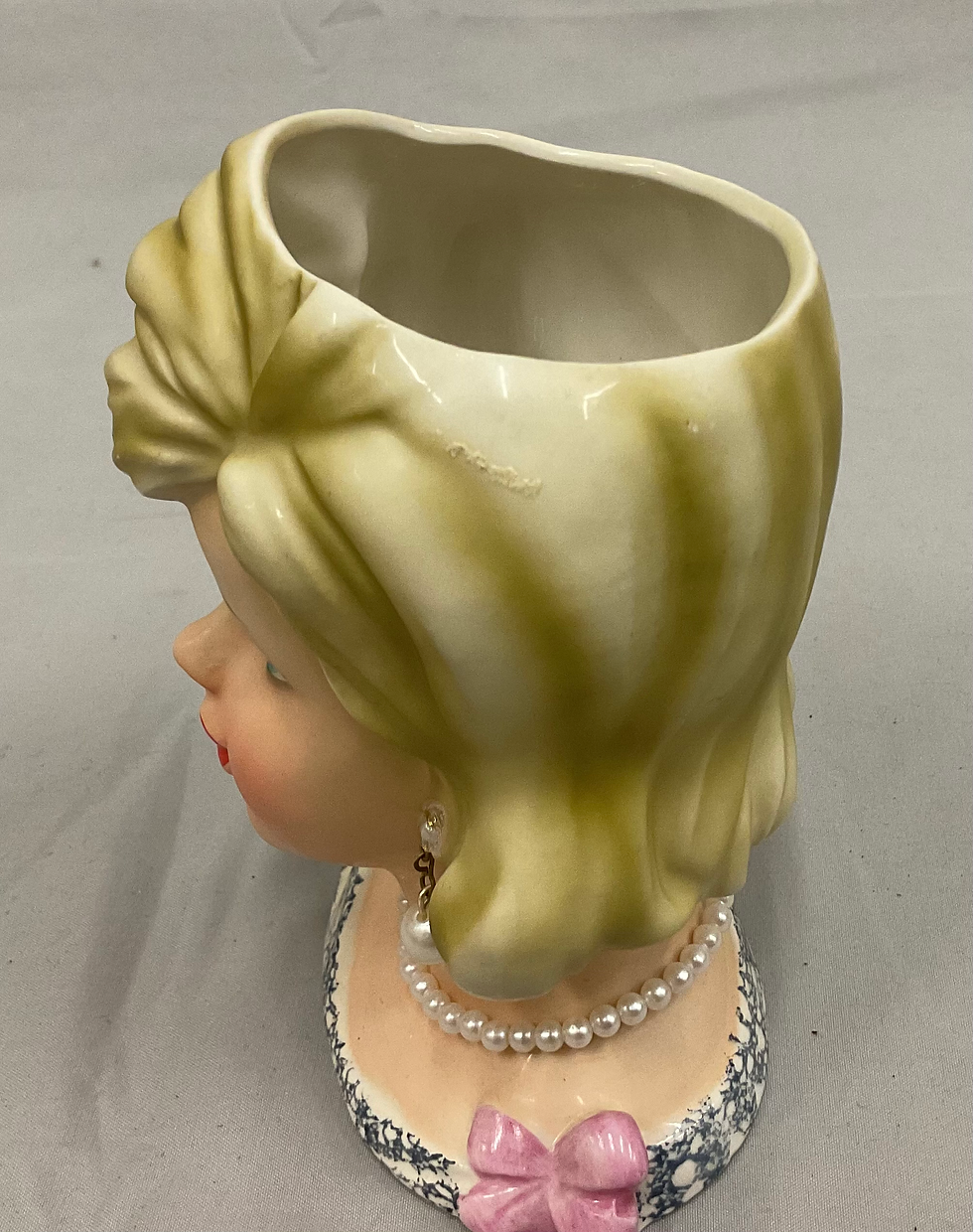 Thumbnail: Lark Japan Vintage Lady Head Vase “Sandra Dee” Blonde Pink Bows Blue Dress
