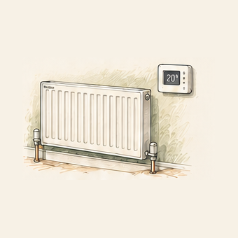 A radiator and wall thermostat representing heat emitters and controls.