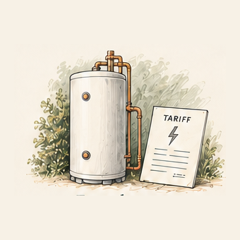 A hot-water cylinder beside an electricity tariff note.