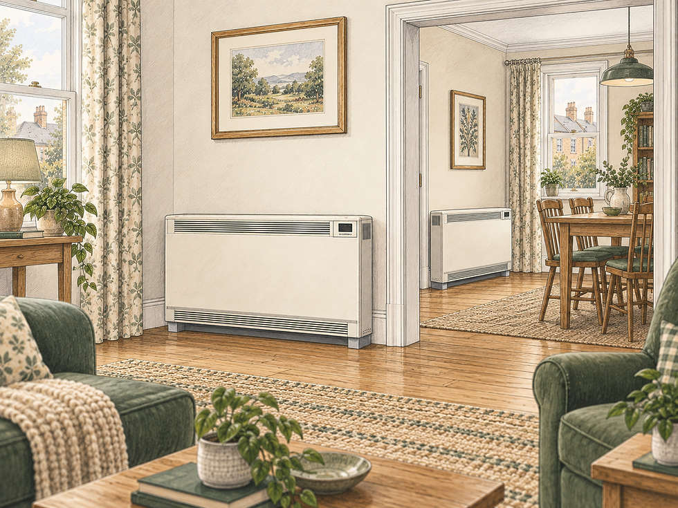 A traditional British home using high heat-retention storage heaters for controlled whole-home warmth.