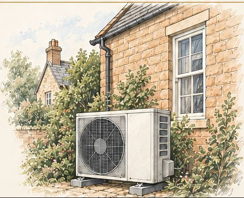 An air source heat pump outside a traditional brick home.