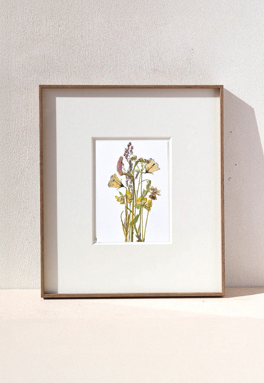 עבודת מקור ממוסגרת - פרחים מיובשים בטכניקה מסורתית