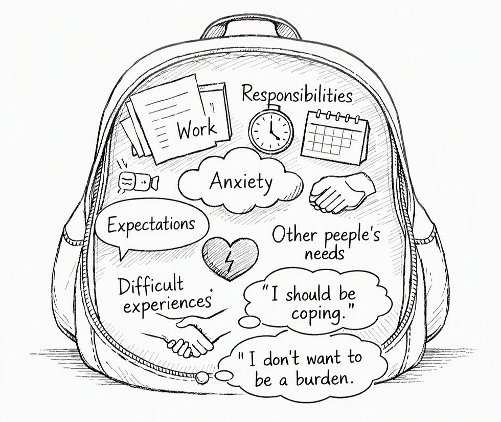 Minimalist illustration showing the hidden burdens people carry — work, anxiety, expectations — highlighting why asking for help feels difficult.