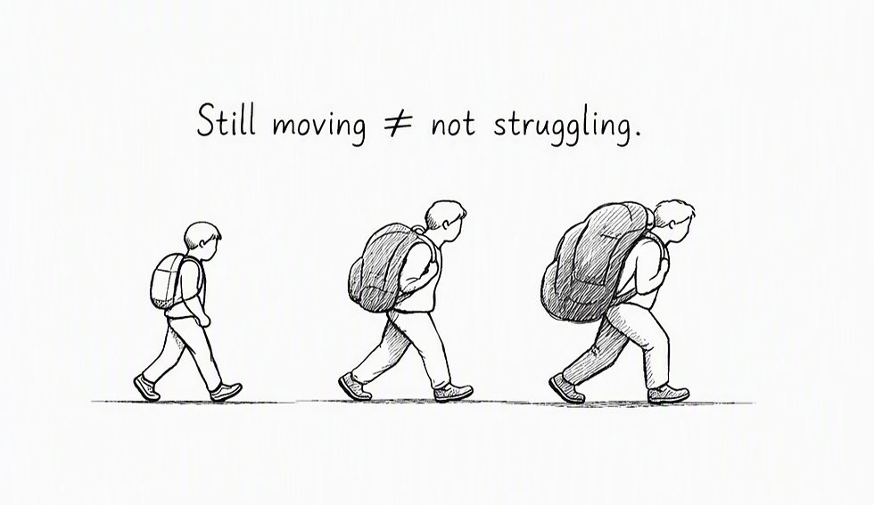 Minimalist illustration showing why coping alone becomes harder over time, with a backpack getting heavier as a metaphor for struggling to ask for help.