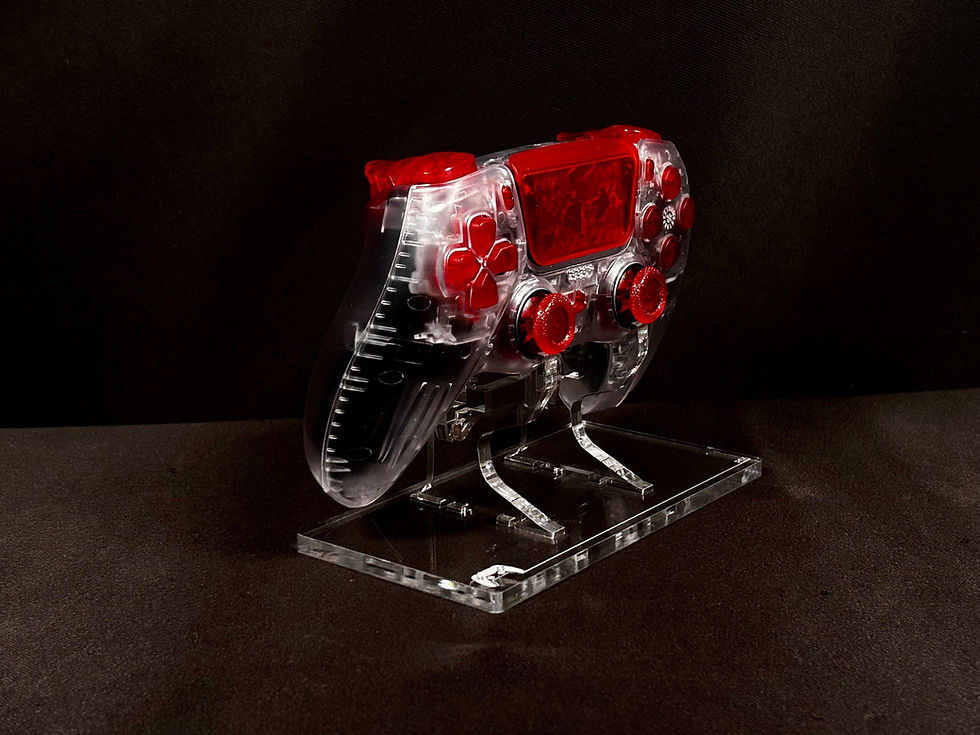 Custom Transparent DualShock PS5 controller with transparent red buttons and joy