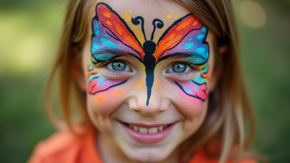 Eye-level view of a colorful butterfly face painting on a child
